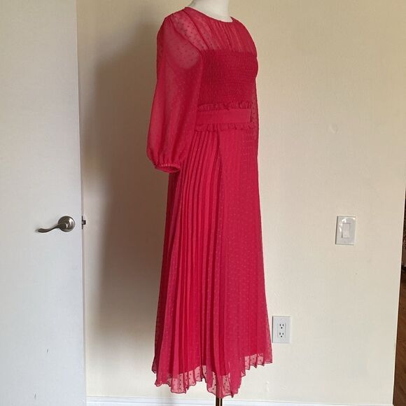 ASOS DESIGN textured pleated shirred midi dress in hot pink size 4 - Picture 7 of 16